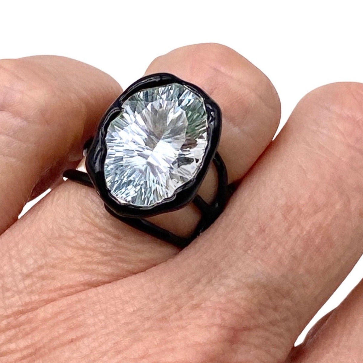 Silver Ring Plated With Black Enamel and Oval Fancy Cut Quartz