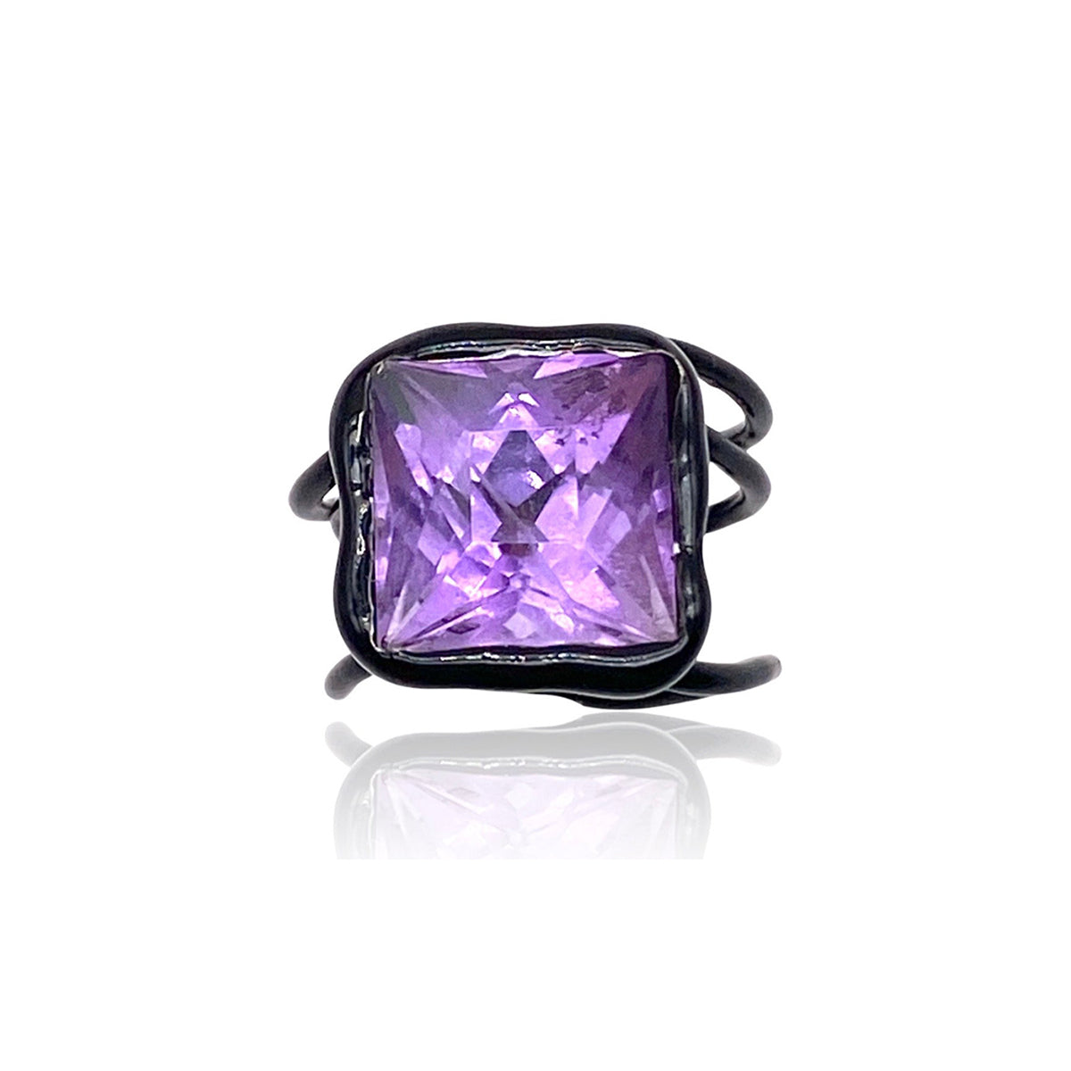 Silver Ring Plated with Black Enamel and Amethyst