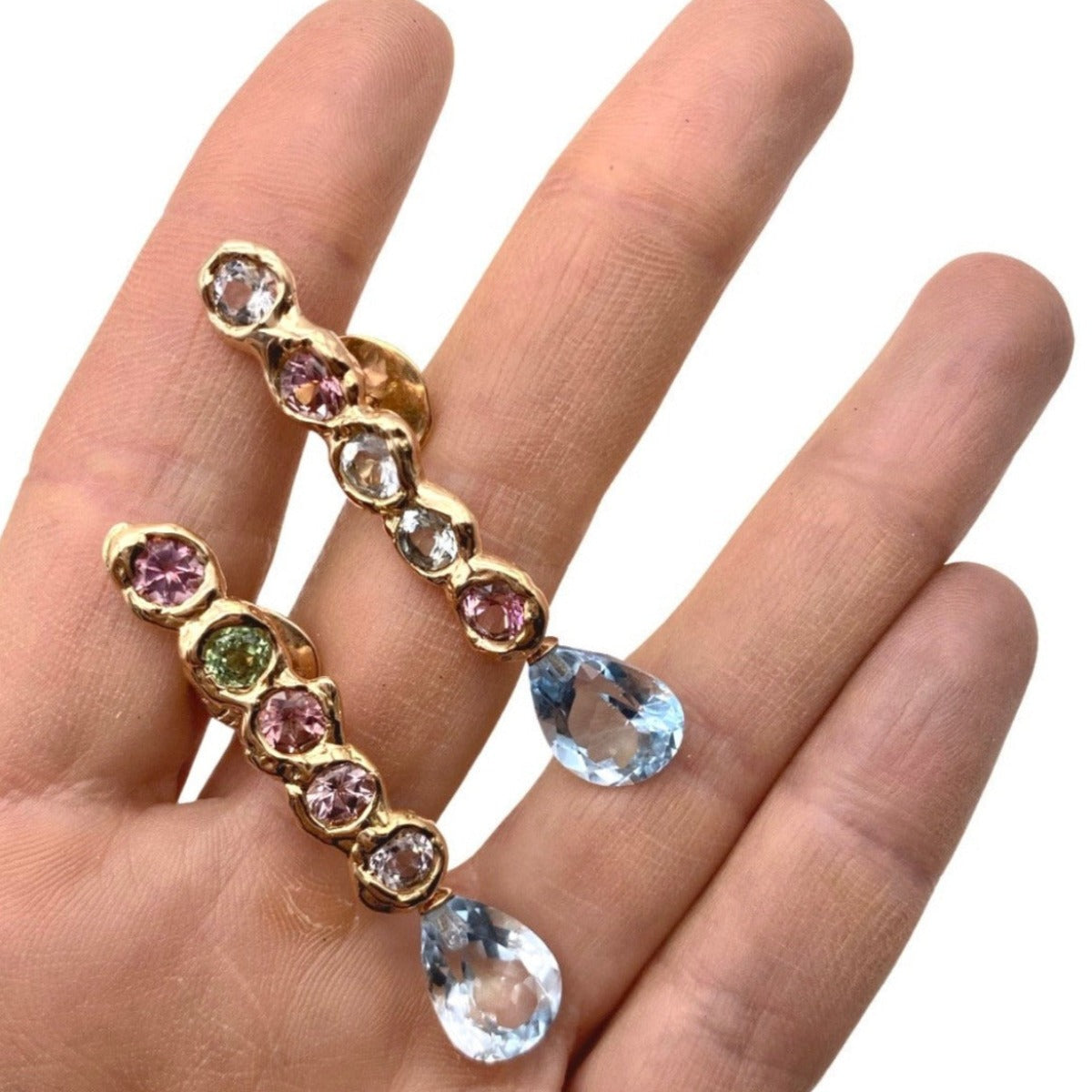 18kt Rose Gold sparkling Bar Earrings with Tourmaline and Topaz