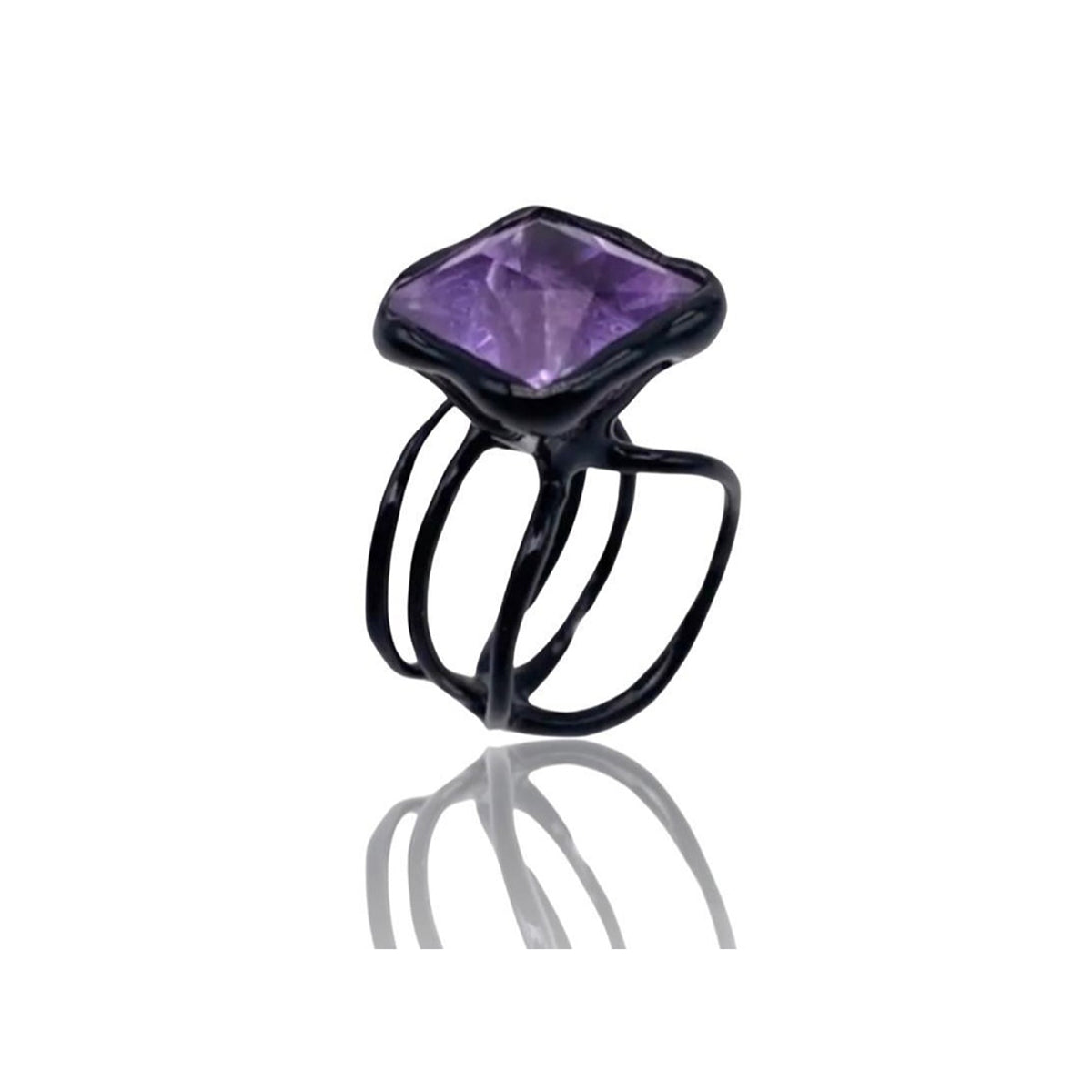 Silver Ring Plated with Black Enamel and Amethyst